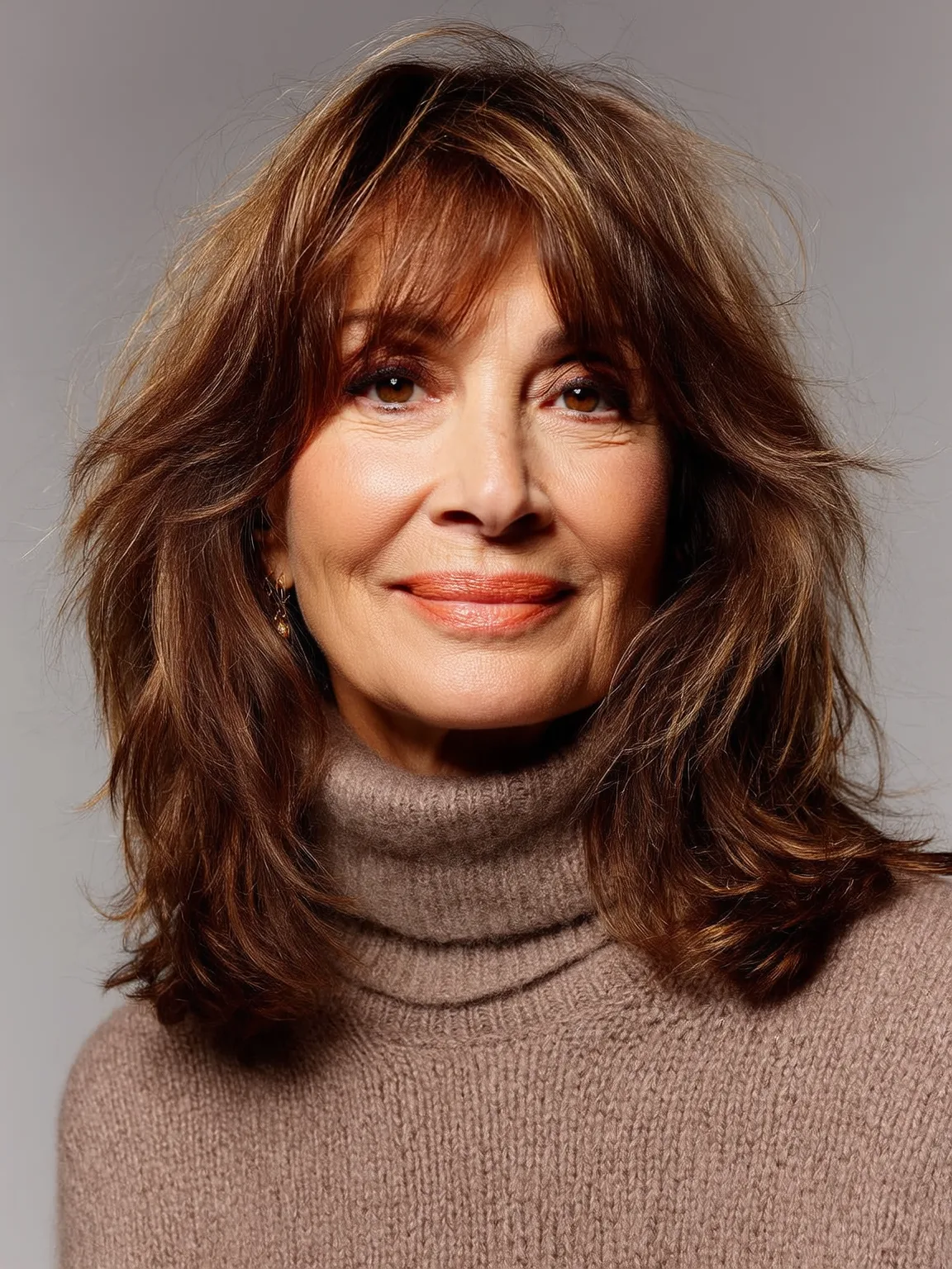 Voluminous Warm Caramel Brown Layered Shag with Curtain Bangs